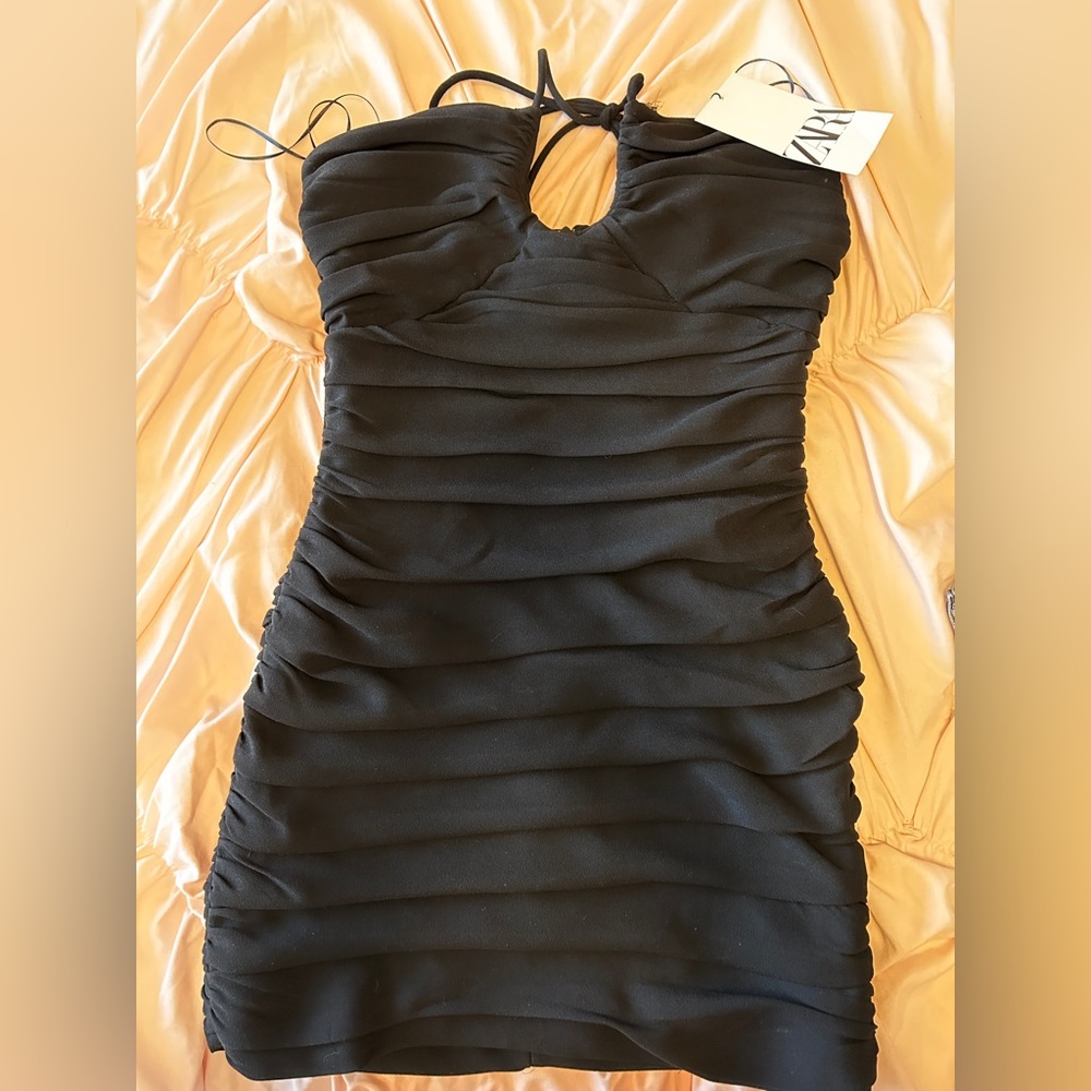 Zara Black Halter Ruched Mini Dress NWT